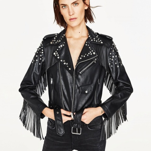 Zara Jackets & Blazers - ZARA Fringed Faux Leather Jacket Moto Stud M NWT